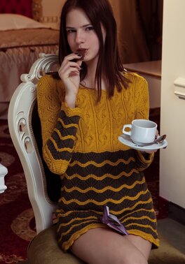 Freshly young redhead interrupts tea ceremony and strips naked near the table