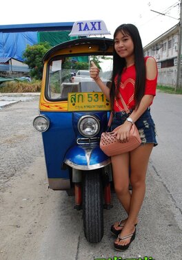 Owner of auto rickshaw coaxes exotic cutie to pose together with him