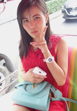 Classy Asian girl arrives in stud's hotel room and seductively poses naked there