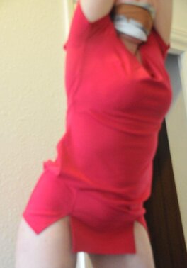 Woman in red dress is restrained by husband for being a bad wife and sex partner