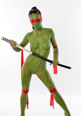 Girl is going to be a Ninja Turtle so she practices some moves in the nude