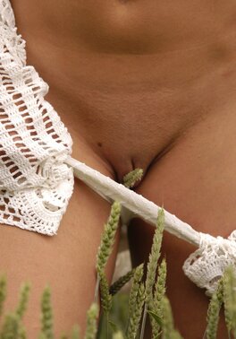 Slim chick with taut belly has small ass to show off in the green field