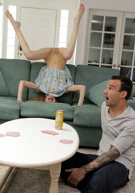 Thin girl does headstands and teases bro before they bang