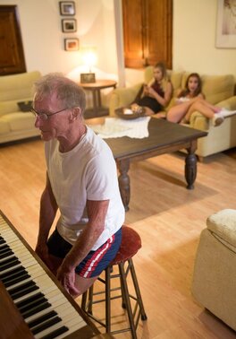 Babes bare charms being fucked by skinny older man in threesome porn video