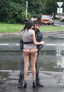 Russian slut flashes tits and lets guy touch her ass in the public place