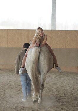 Lucky groom impales pretty faces of naive naked sluts crying in the stable