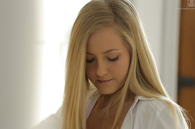 Teen is a real screwball swooning over her own body covered with a white shirt