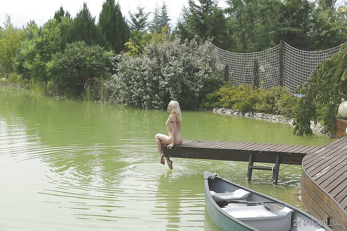 Boat reached the bank and female landed to masturbate after river trip