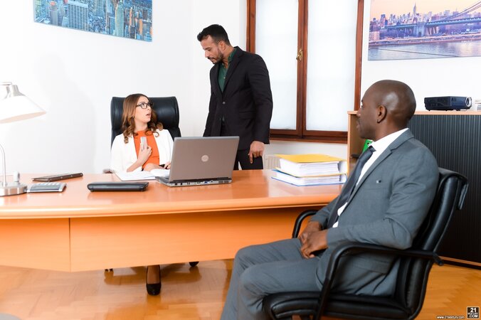 Young business lady stuffed with white and black cock at the same time