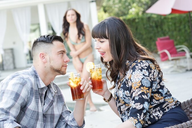 Lecherous woman flirts with stepdaughter's boyfriend right in front of girl
