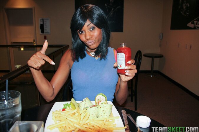 Black girl spends a good evening eating fast food and enjoying interracial sex