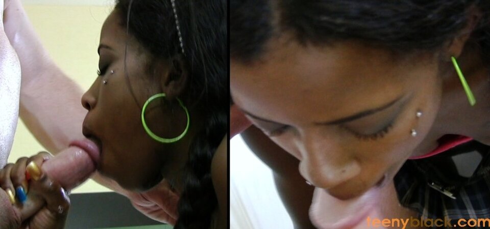 Petite Ebony starlet meets her first white dick after strips and poses on camera