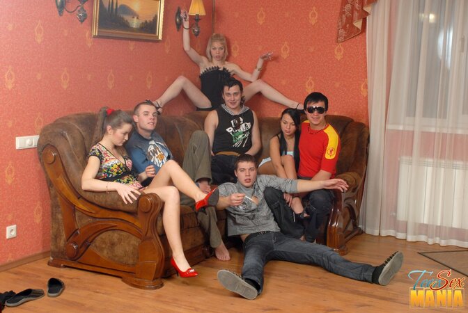 Four guys and three girls meet together to have group sex in apartment