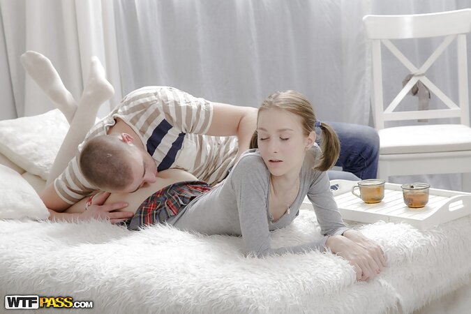 Pigtailed coed takes a break from studying to practice sex fluffy blanket