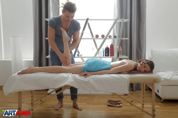Remarkable chick with small boobs and masseur have hot sex on the massage table