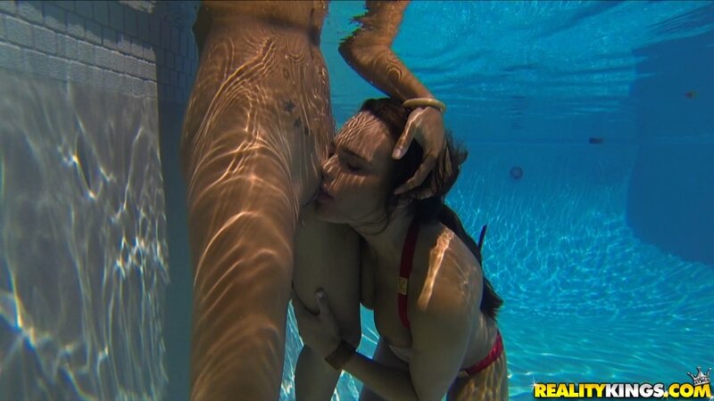 Three lovely girls hop in pool to touch assets and share sweet kisses
