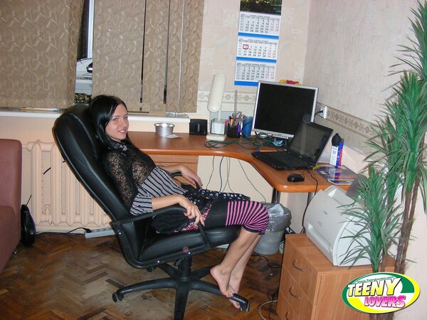 Young brunette woman takes dick in mouth and randy hole between her thin legs