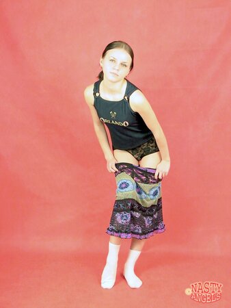 Petite girl with no noons takes everything off and even black panties