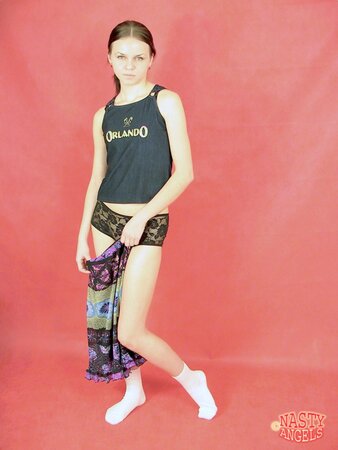 Petite girl with no noons takes everything off and even black panties