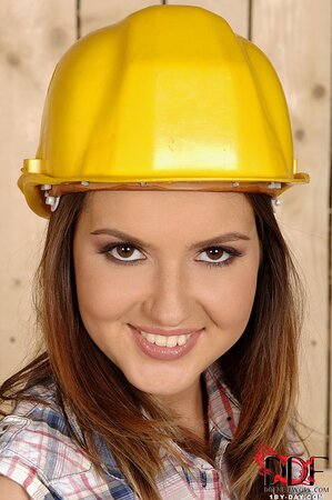 Construction worker has a break to take off clothes and touch her pink pussy