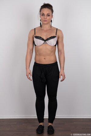 Female with athletic body lost a wager and had to expose fun parts in studio