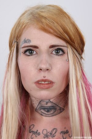 Horny tattooed Czech teen Jirina with no titties needs attention and strips