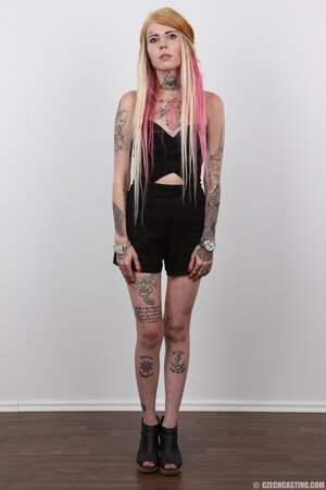 Horny tattooed Czech teen Jirina with no titties needs attention and strips