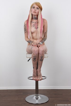 Horny tattooed Czech teen Jirina with no titties needs attention and strips
