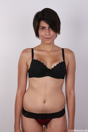 Teen with tuny tits exposes them and tries to hide vagina with hands