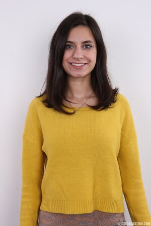Love takes yellow sweater and black underwear off presenting small charms