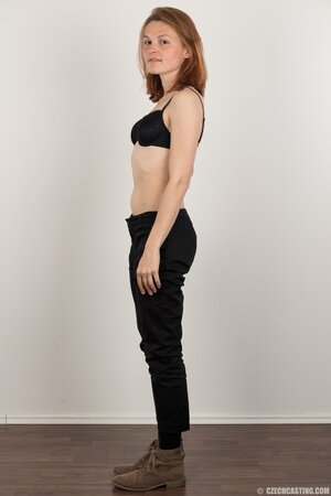 Ginger with small boobs deletes clothes but keeps secret something under panties
