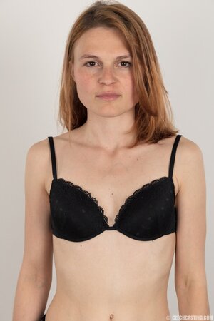 Ginger with small boobs deletes clothes but keeps secret something under panties