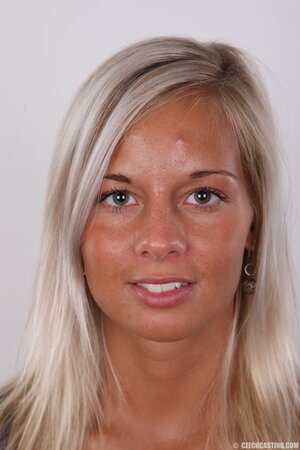 Tanned Czech blonde comes at casting and poses naked in front of camera