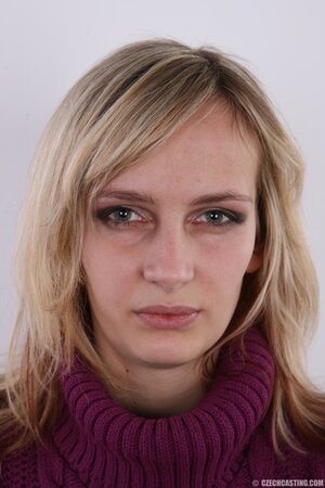 Blonde female with very small tits and bloated mug gets back on porn track