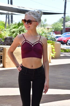 Hot female with sunglasses goes inside to flaunt tits and penetrate her cherry