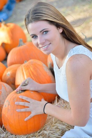 Babe with pierced nipples chose the biggest pumpkin cause she loves huge stuff