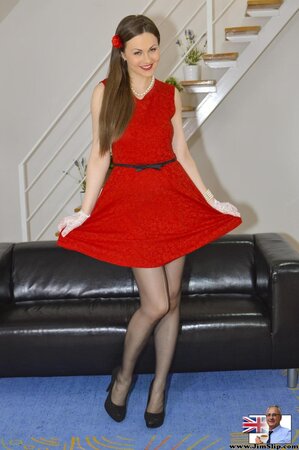 Come-hither pussy in a red dress gives sexual pleasure to old man's small dick