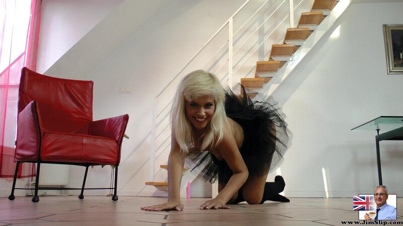 Dominant blonde changes jean shorts to black tutu and masturbates with vibrator