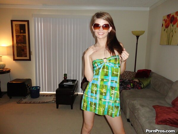 Girl in sunglasses invites friend to take pictures of small tits and shaved pussy