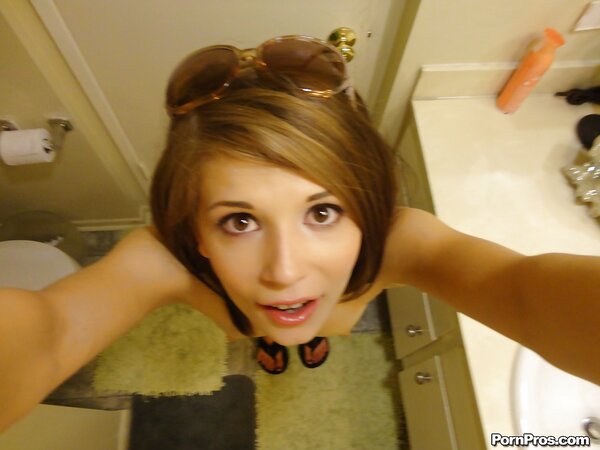 Girl in sunglasses invites friend to take pictures of small tits and shaved pussy