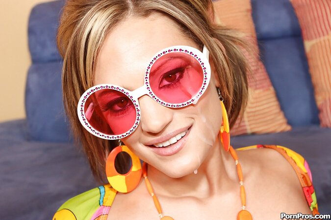 Cheyenne Cooper sucks cock and then wears pink sunglasses to hide her brown eyes