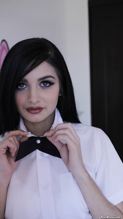 Offensive slut with long black hair flashes her small tits without stripping