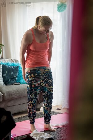 Tall white chick gets ready after morning masturbation on the couch