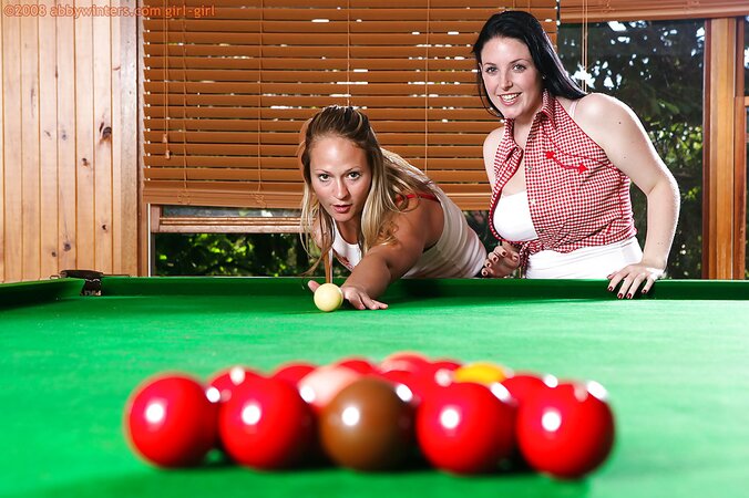 Brunette with big juicy tits and friend have lesbian sex on the pool table