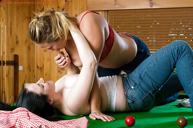 Brunette with big juicy tits and friend have lesbian sex on the pool table