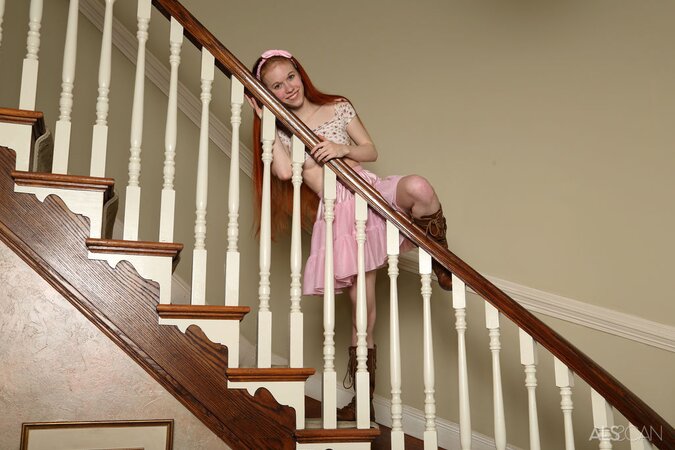 Ginger teen Dolly Little in high brown boots shows medical stuff in her twat