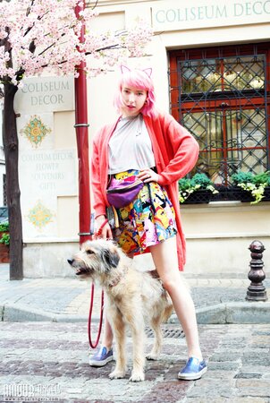 After walk with pretty dog pink-haired sexpot Cake relaxes naked at home