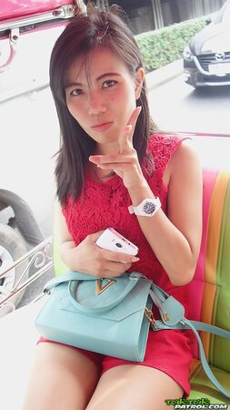Classy Asian girl arrives in stud's hotel room and seductively poses naked there