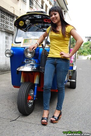 Naughty Eastern girl in yellow T-shirt and jeans finds a guy who pays for posing