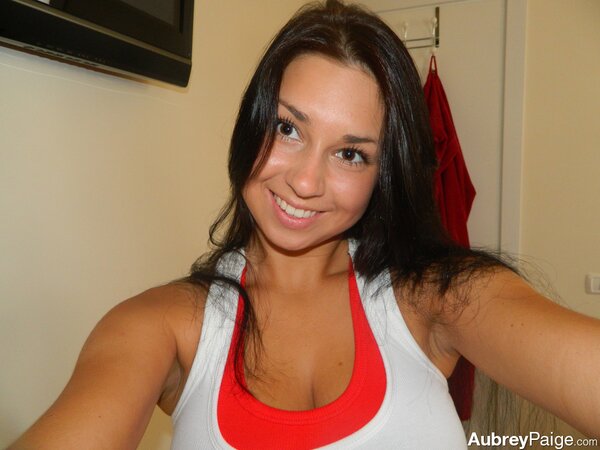 Sweetie Aubrey Paige with natural starts a stripping action on her camera
